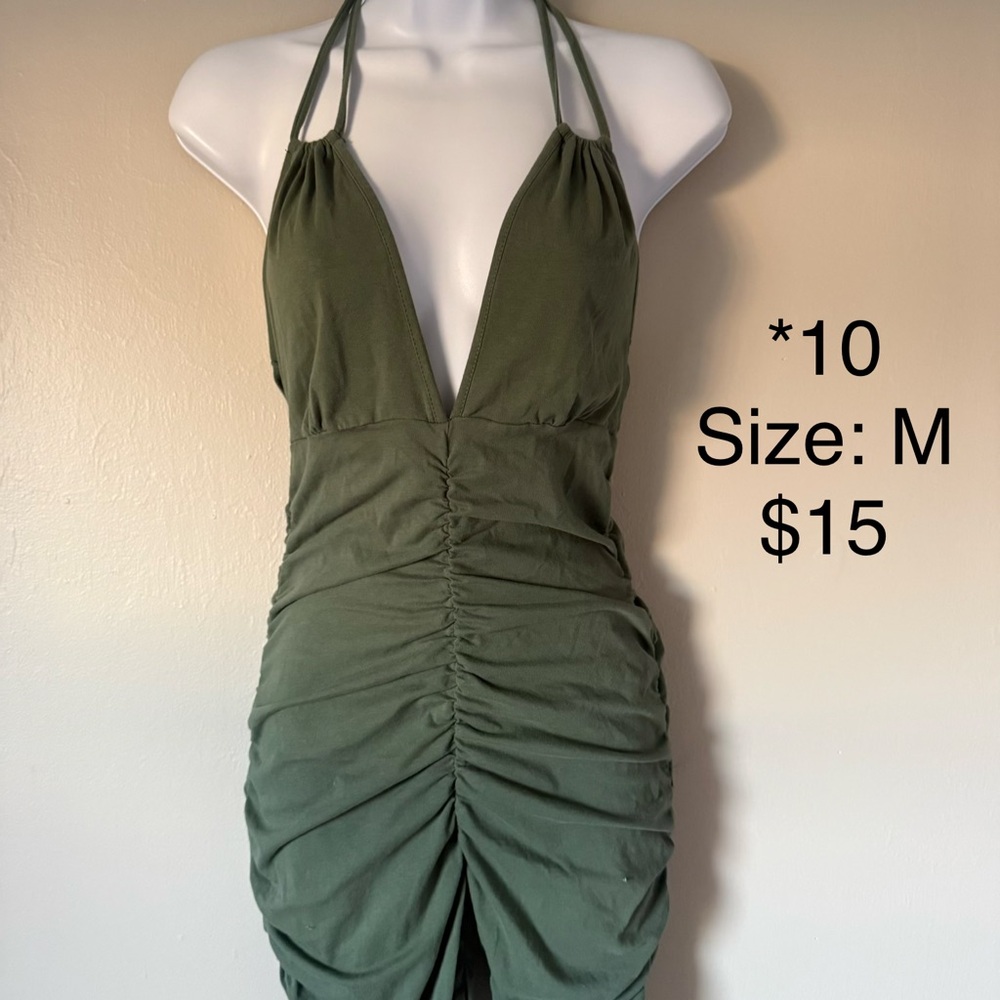 Olive Green Halter Ruched Bodycon Dress